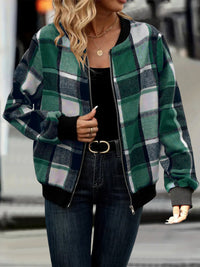 Thumbnail for Plus Size Plaid Baseball Collar Zip Up Jacket