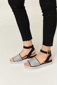 Thumbnail for Forever Link Rhinestone Buckle Strappy Wedge Sandals