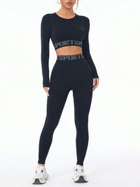 Thumbnail for Letter Print Round Neck Long Sleeve Top and Leggings Active Set