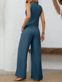 Thumbnail for V-Neck Button Down Vest and Wide Leg Pants Set