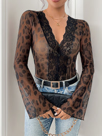 Thumbnail for Perfee Leopard V-Neck Lace Bodysuit