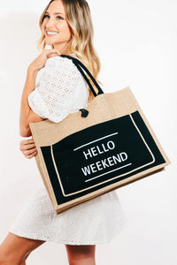 Thumbnail for Fame Hello Weekend Burlap Tote Bag