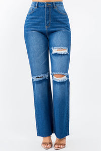 Thumbnail for American Bazi High Waist Distressed Wide Leg Jeans