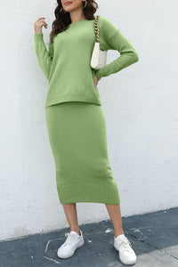 Thumbnail for Round Neck Dropped Shoulder Top and Skirt Sweater Set