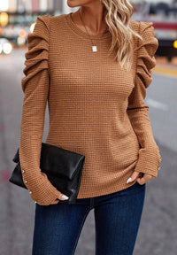 Thumbnail for Decorative Button Round Neck Puff Sleeve Blouse