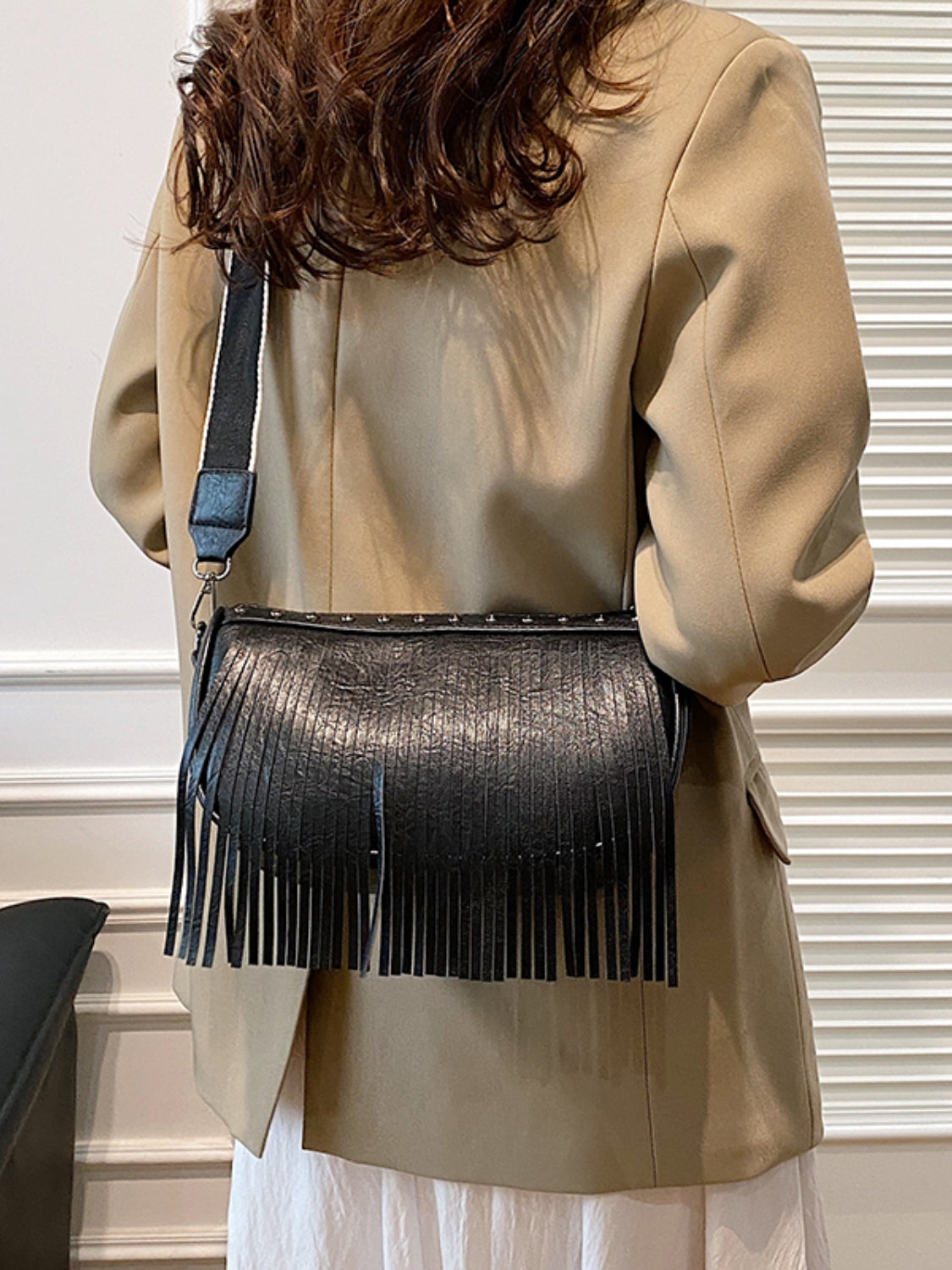 PU Leather Fringe Studded Crossbody Bag