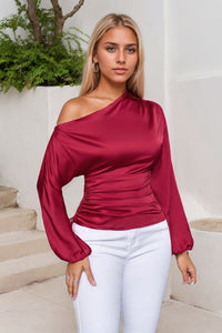 Thumbnail for Drawstring One Shoulder Long Sleeve Blouse