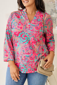 Thumbnail for Plus Size Printed Notched Long Sleeve Blouse