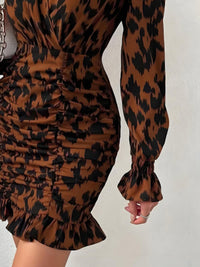 Thumbnail for Ruched Ruffled Leopard Surplice Long Sleeve Dress