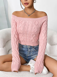 Thumbnail for Cable-Knit Off-Shoulder Long Sleeve Knit Top