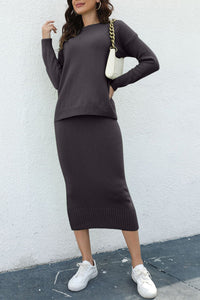 Thumbnail for Round Neck Dropped Shoulder Top and Skirt Sweater Set