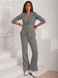 Thumbnail for Checkered Blazer & Slit Pants Set