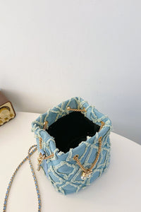 Thumbnail for Chain Drawstring Raw Edge Denim Bucket Bag