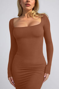 Thumbnail for Basic Bae Built-In Shapewear Square Neck Long Sleeve Maxi Dress