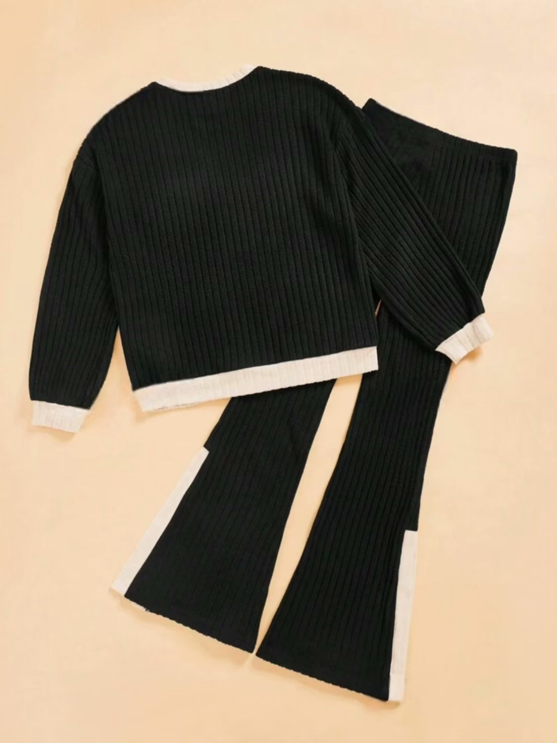 Contrast Round Neck Long Sleeve Top and Bootcut Pants Set