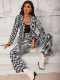 Thumbnail for Checkered Blazer & Slit Pants Set