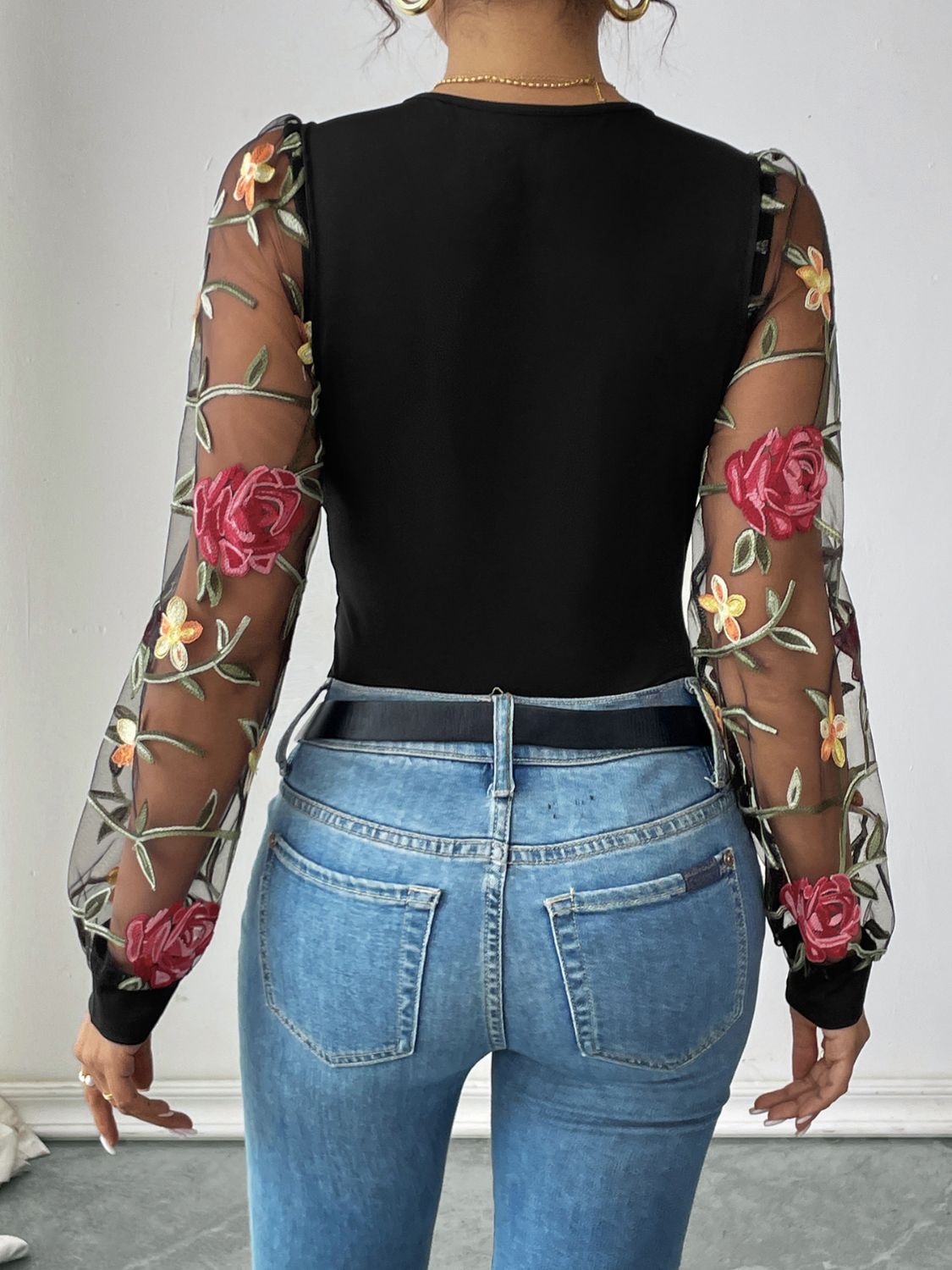 Perfee Embroidered V-Neck Long Sleeve Bodysuit