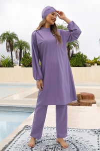 Thumbnail for Cap, Drawstring Mock Neck Long Sleeve Top and Pants Swim Set