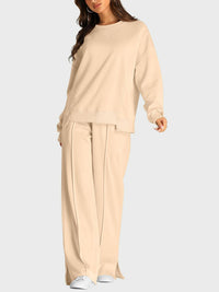 Thumbnail for Round Neck Long Sleeve Top and Slit Pants Set