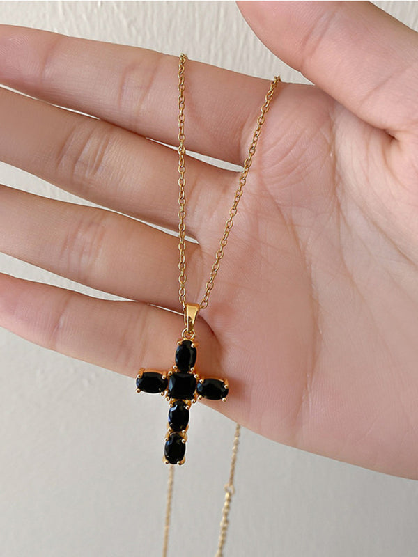 Inlaid Zircon Cross Pendant Necklace