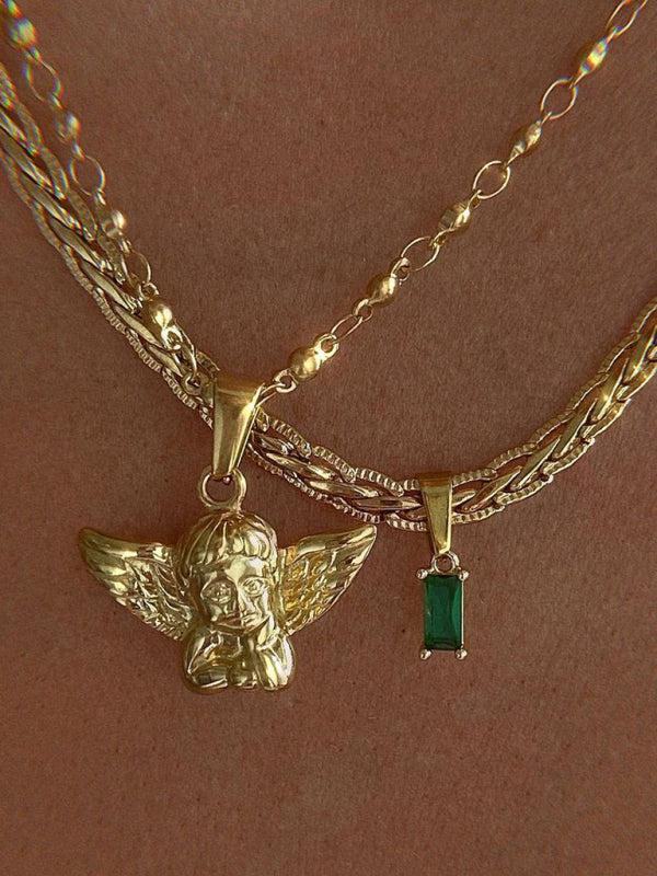 INS retro style angel + green zircon pendant necklace