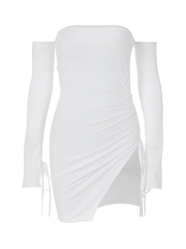 Women's Drawstring Ruched Slit Mini Dress