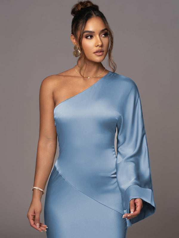 Asymmetrical Shoulder Wide Sleeve Satin Dress