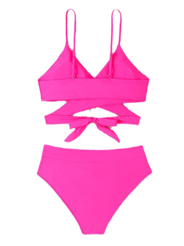 Women's Solid Color Strappy High Waist Bikini