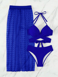 Thumbnail for Solid Color Three Piece Mesh Skirt Bikini Set