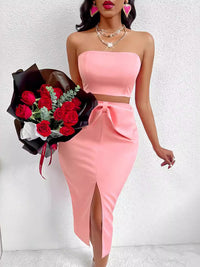 Thumbnail for Solid Color Tube Top and Bow Slit Skirt Set