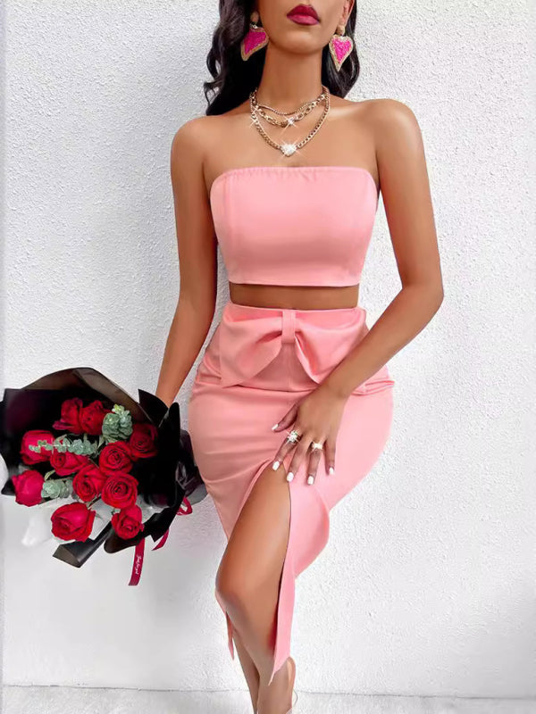 Solid Color Tube Top and Bow Slit Skirt Set