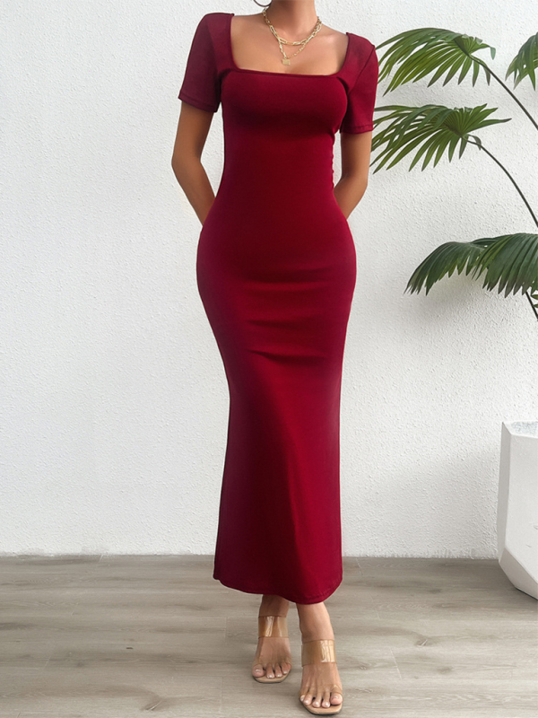 Solid Color Slim Short Sleeve Maxi Dress