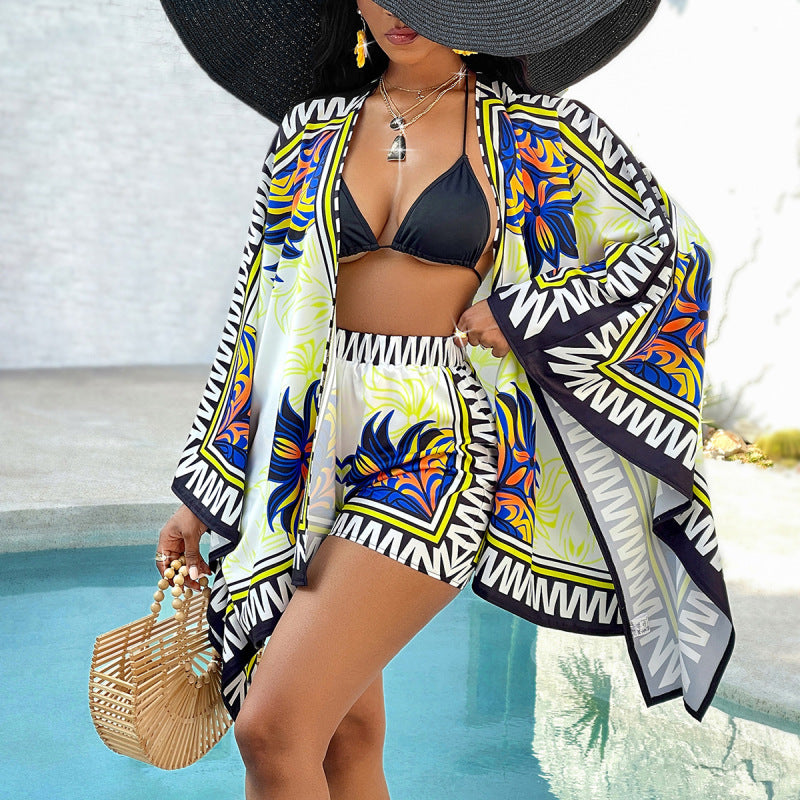 Women's Casual Printed Cardigan and Shorts Set
