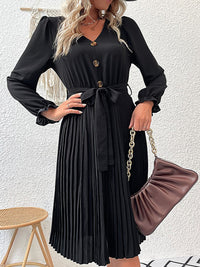 Thumbnail for Decorative Button Belted Puff Sleeve Pleated Dress