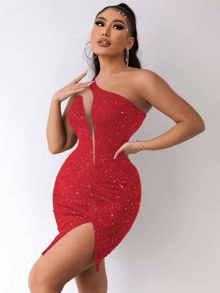 Sequin One-Shoulder Side Slit Bodycon Dress