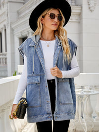 Thumbnail for Hooded Sleeveless Denim Top with Pockets
