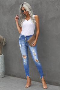 Thumbnail for Button Front Frayed Ankle Skinny Jeans