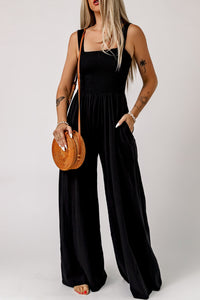 Thumbnail for Smocked Square Neck Wide Leg Jumpsuit with Pockets