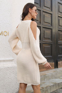 Thumbnail for Ribbed Cold Shoulder Long Sleeve Sweater Dress
