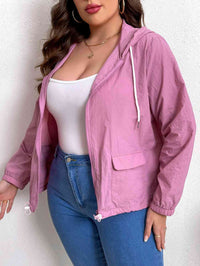 Thumbnail for Plus Size Zip-Up Drawstring Hooded Jacket with Pockets