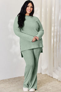 Thumbnail for Basic Bae Full Size Ribbed High-Low Top and Wide Leg Pants Set