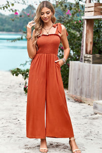 Thumbnail for Frill Trim Tie Shoulder Wide Leg Jumpsuit with Pockets