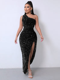 Thumbnail for Sequin One Shoulder Split Maxi Dress