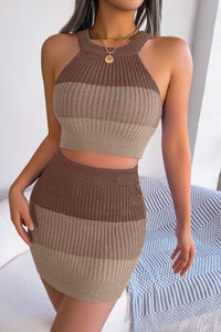 Thumbnail for Color Block Sleeveless Crop Knit Top and Skirt Set
