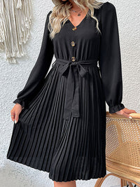 Thumbnail for Decorative Button Belted Puff Sleeve Pleated Dress