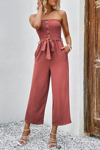 Thumbnail for Decorative Button Strapless Smocked Jumpsuit with Pockets