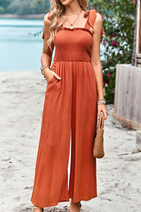 Thumbnail for Frill Trim Tie Shoulder Wide Leg Jumpsuit with Pockets