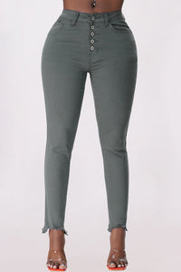 Thumbnail for Button Fly Hem Detail Skinny Jeans