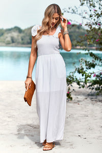 Thumbnail for Frill Trim Tie Shoulder Wide Leg Jumpsuit with Pockets