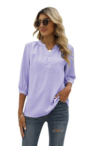 Thumbnail for Swiss Dot Notched Neck Three-Quarter Sleeve Blouse